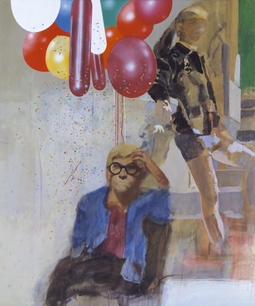 Painting of man sitting with hand on his brow, wearing blue jacket and round black glasses, and balloons above his head