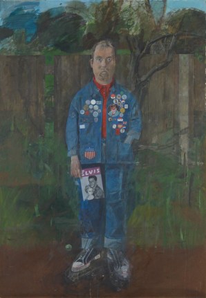 Painted self portrait of artist wearing denim jacket, jeans, sneakers, holding magazine that says "Elvis" on cover