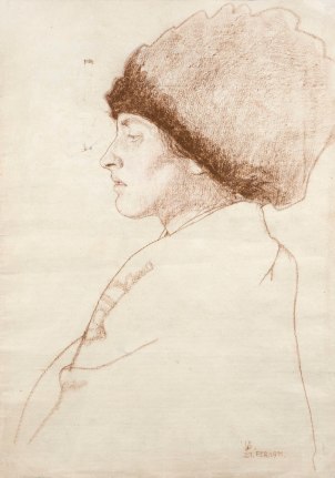 Berthold Löffler  Portrait of Melitta, the artist’s wife (recto) / Designs for a poster (verso), 1911  Red chalk and color crayon on paper (recto) / Gouache and ink (verso)  18 x 12 1/2 inches