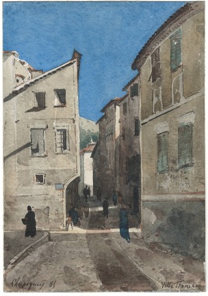 Henri Harpignies  La Rue, Villefranche, 1885  Watercolor on paper 10 1/4 x 7 inches
