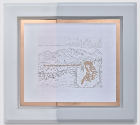 Matthew Barney  Embrasure, 2019-2021    Etching in black ink on hand-dyed paper with electro formed copper in high-density polyethylene frame 18 1/2 x 20 1/2 inches     Image courtesy of the artist and Two Palms, NY.