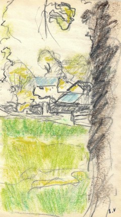 Edouard Vuillard Outdoors at the Chateau des Clayes, c. 1932-38    Pastel and graphite on paper 6 3/4 x 3 5/8 in.