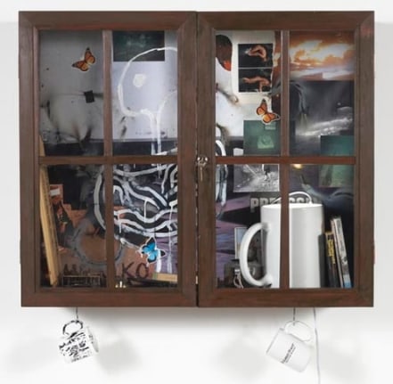 Inkantinent Mochte Gemacht; Mexiko, 2011. Mixed media collage in cabinet/window, 31 3/4 x 37 1/2 x 12 3/4 inches (80.6 x 95.3 x 32.4 cm). MP 21