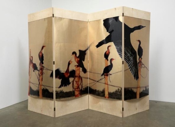 L'eau de vie Screen #1, 2010. Acetate, foil, mdf, 4 panels, 85 x 31.5 x 1 inches (each panel), 85 x 126 x 1 inches (overall). MP 130
