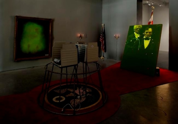 Stephen G Rhodes, Whipped Jamboree - Interregnum Repetition Restoration (Whipped Lincoln) and Interregnum Repetition Restoration (Whipped Washington), 2008. Unique dual channel video with voting booth and mixed media, dimensions variable. MP 5