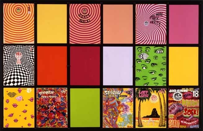 Missing Time Color Exercise(Reversed) No. 6 (Order Adjustment/Resonating Hot Pinks), 2002. Acrylic on wood panels, magazines, wood, plexi-glass, 34 1/4 x 56 inches. MP 02-09