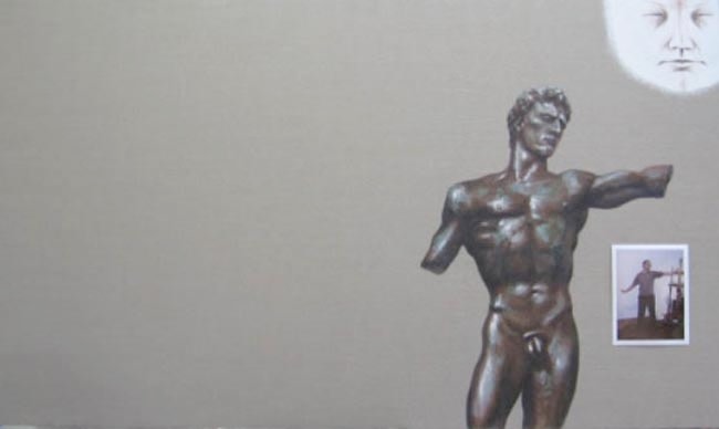 Dream Object ("A big unstretched linen canvas I worked on had all on one side a He-Man Nazi statue, a photo of Ivan in a similar pose and a face in the upper rt hand side. I thought about putting in yellow drips in the big blank area but some one said to leave it unbalanced."), 2007. Mixed media on canvas, 48 x 96 inches (121.9 x 243.8 cm). MP 205