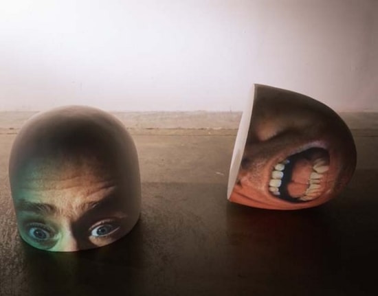 Half (Brain), 1998. Two Sony CPJ 200 projector, 2 videotape, 2 Samsung VCR, polystyrene foam, paint, performance by Tony Oursler, 14 x 13 x 13 inches (35.6 x 33 x 33 cm) each. MP 241