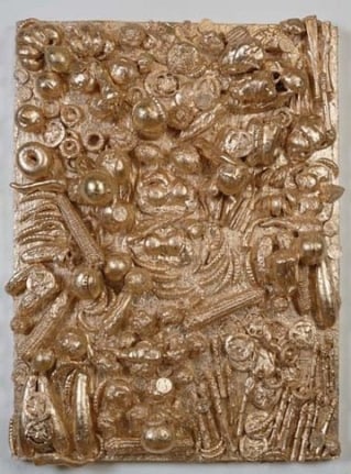John Miller, Specific Objects, 2007. Plastic objects, styrofoam, paper mache, plaster with gold leaf on wood panel, 40 x 30 x 8 inches (101.6 x 76.2 x 20.3 cm). MP 715