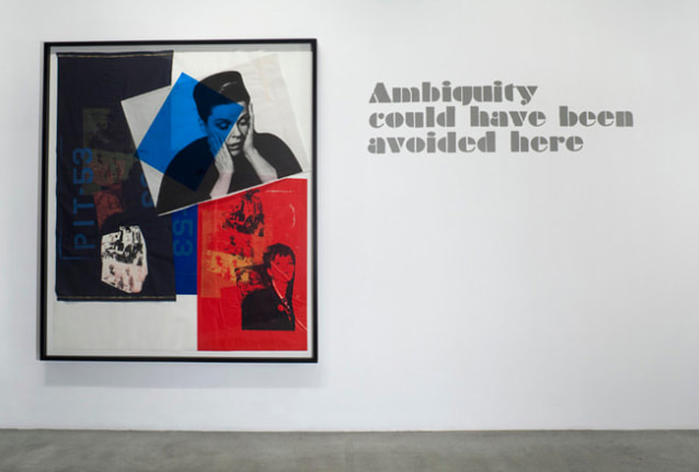 Paulina Olowska, Ambiguity could have been avoided here, 2009. Silkscreen on paper and fabric, glue, colored gels, tape, foil, 74 1/4 x 63 1/2 inches (188.6 x 161.3 cm); framed: 78-3/4 x 68-3/8 inches (196.2 x 171.8 cm). MP D-46