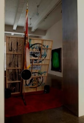 Stephen G Rhodes. Whipped Jamboree - Interregnum Repetition Restoration (Whipped Lincoln) and Interregnum Repetition Restoration (Whipped Washington), 2008. Unique dual channel video with voting booth and mixed media, dimensions variable. MP 5