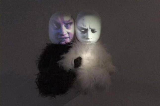 Phase Shift, 1994. Two synthetic fur dolls, wood shelf, DVD, DVD player, Sony CPJ200 projector, 20 x 15 x 13 inches (50.8 x 38.1 x 33 cm). MP 340