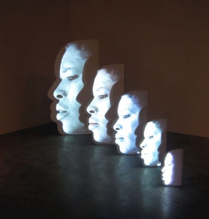 AWGTHTGTWTA, 2009 5 wooden panels, metal, aqua resin and video projection