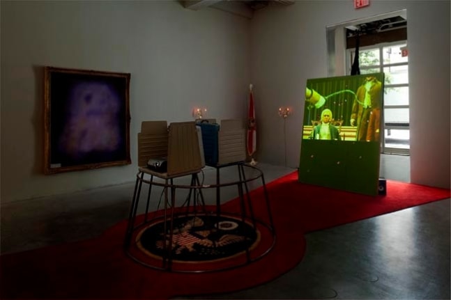 Stephen G Rhodes. Whipped Jamboree - Interregnum Repetition Restoration (Whipped Lincoln) and Interregnum Repetition Restoration (Whipped Washington), 2008. Unique dual channel video with voting booth and mixed media, dimensions variable. MP 5