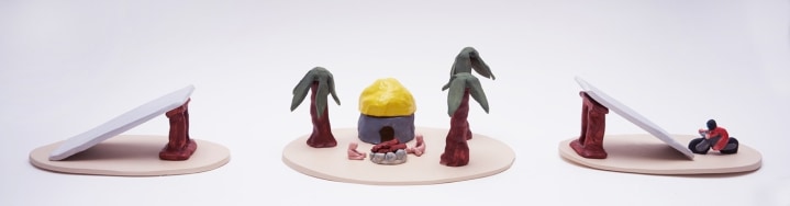 Big Jump, 2017, 26 ceramic sculptures, Plate 1 5.91 x 10.24 x 6.3 inches (15 x 26 x 16 cm), Plate 2 5.91 x 12.6 x 10.24 inches (15 x 32 x 26 cm), Plate 3 5.91 x 11.02 x 7.09 inches (15 x 28 x 18 cm)