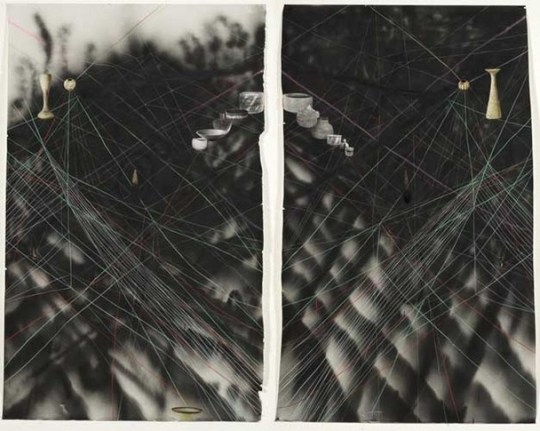 Timeline Diptych/Facial , 2007. Diptych -spray paint, pencil, collage on paper. Each part - 80 x 50 inches (203.2 x 127 cm).