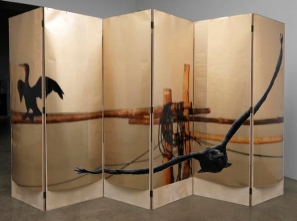L'eau de vie Screen #3, 2010. Acetate, foil, mdf, 6 panels, 76 x 23.5 x 1 inches (each panel); 76 x 141 x 1 inches (overall). MP 132