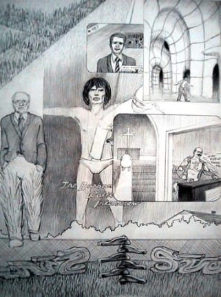 Untitled (I was trying to shoot photos of nice new cars) (Dream Drawing Barbara Walters Interview / evangelical), 1998. Pencil on paper, 12 x 9 inches. MP d-190