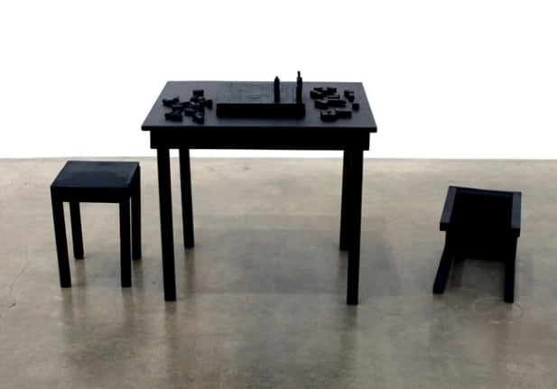 The Loser, 2009. Wood, hardware, hot glue, acrylic paint, chair 1: 15-6/8 x 11 x 11-1/8 inches, chair 2: 11-1/8 x 11 x 15-6/8 inches, table: 26-5/8 x 30-1/8 x 24-7/8 inches. MP 59