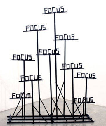 Focus, Focus, Focus, 2009. Wood, hardware, hot glue, acrylic paint, 74 x 59 x 15 inches (overall) (188 x 149.9 x 38.1 cm); 15 inches (each "Focus") (38.1 cm). MP 55