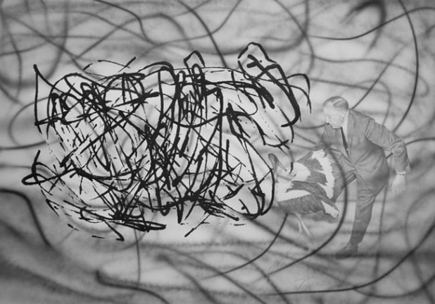 Jim Shaw, Untitled Scribble (Man Wrestling with Stork), 2008. Pencil and ink on paper, 48 x 67-13/16 inches (image) (121.9 x 168.1 cm); 52-1/2 x 72-1/2 inches (framed) (130.8 x 181.6 cm). MP D-473