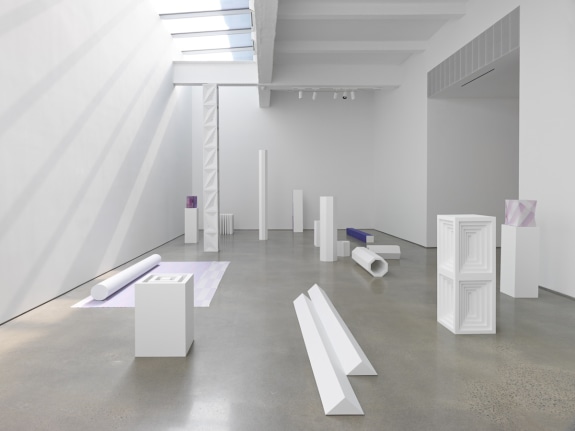 Sara VanDerBeek, "Pieced Quilts, Wrapped Forms." Installation view, 2016. Metro Pictures, New York.