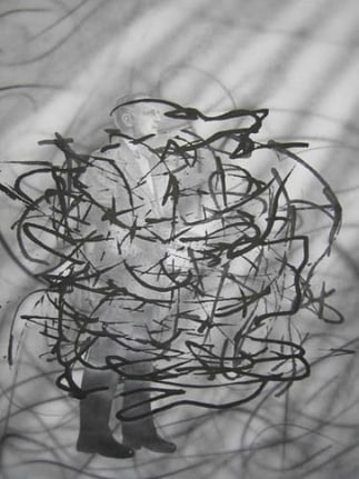 Jim Shaw, Untitled Scribble (Man with Bow-Tie), 2008. Airbrush, ink and pencil on paper