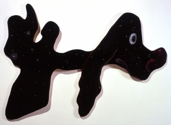 Free Gesture Frozen, Submitting to Personification (Unfinished Blue Fingerpainting, Reversed), 1989/2002. Acrylic on velvet mounted on shaped wood panel, rubber stopper, metal, faux gemstones, 67 x 95 x 6 inches. MP 02-12