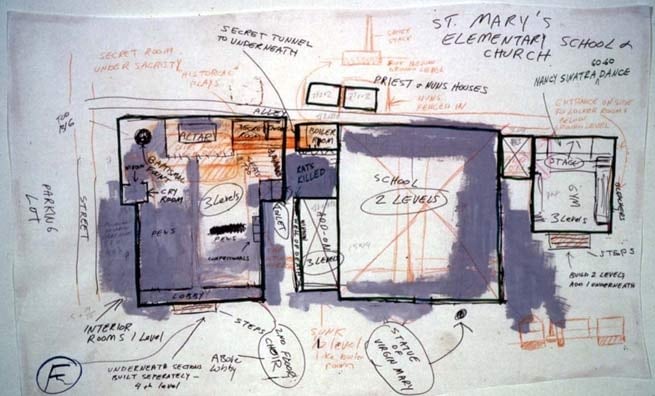Repressed Spatial Relationships Rendered as Fluid, No. 6: St. Mary's Church and School (Cry Room in the Sky), 2002. Mixed media on butcher paper mounted on rag paper, 35 3/4 x 53 3/4 inches. MP 02-18A