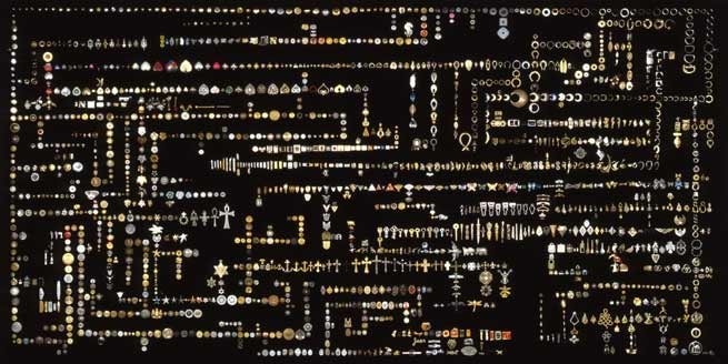 Endless Morphing Flow of Common Decorative Motifs, (Jewelry Case), 2002. Wood, glass, black lacquer, glue, string, buttons, jewelry, 98 x 34 x 50 inches. MP 02-3 (Detail)