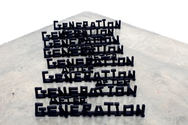 Generation After Generation After Generation, 2009. Wood, hardware, hot glue, acrylic paint, 15 parts dims variable; largest part (generation): 4-1/2 x 33 x 1-1/2 inches (8.9 x 83.8 x 1.3 cm); smallest part (after): 3-1/8 x 12 x 1 inches (7.3 x 30.5 x 2.5 cm). MP 45
