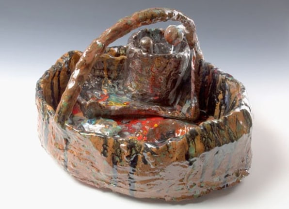 Bride's Basket with Mortar & Pestle, 2007. Ceramic, formica pedestal. Sculpture: 13 x 20 inches (33 x 50.8 cm); pedestal: 30 x 26 x 26 inches (76.2 x 66 x 66 cm). MP 39