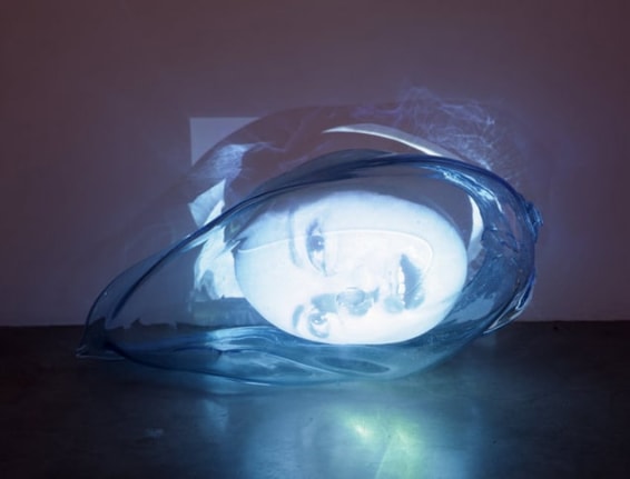Blue Husk, 2001. Sony DPL CS2 projector, DVD player, DVD, Glass, fiberglass sphere, Performance by: Tracey Leipold, Glass: 34 1/2 x 15 1/4 x 12 inches; Fiberglass: 17 x 15 x 9 1/2 inches. MP 316