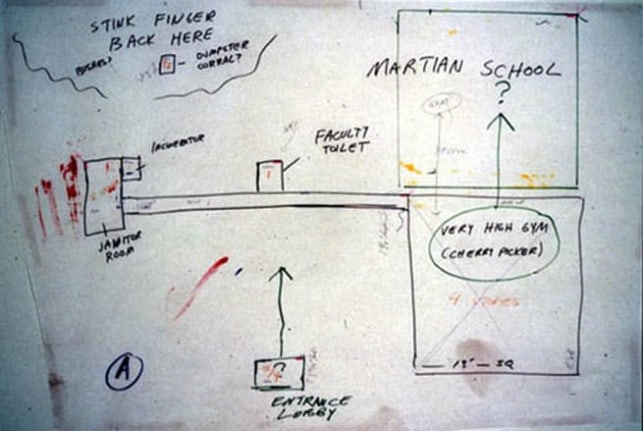 Mike Kelley ,Repressed Spatial Relationships Rendered as Fluid, No. 1: Martian School(Work Site), 2002. Sculpture: aluminum, steel; drawing - mixed media on butcher paper mounted on rag paper. Sculpture: 42 x 54 x 54 inches (106.7 x 137.2 x 137.2 cm); drawing: 35 x 50-1/2 inches (88.9 x 128.3 cm). MP 02-13