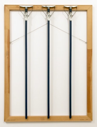 Three Blue Mops, 1986. Wooden stretcher bars, mop handles, wire,