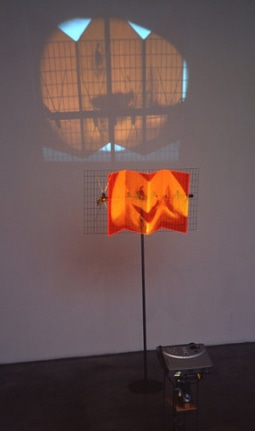 Sferics, 2001. Sony DPL CS2 projector, DVD player, DVD, metal, plexiglas, Performance by: Tracy Leipold, 63 x 36 x 13 1/2 inches + equipment. MP 312