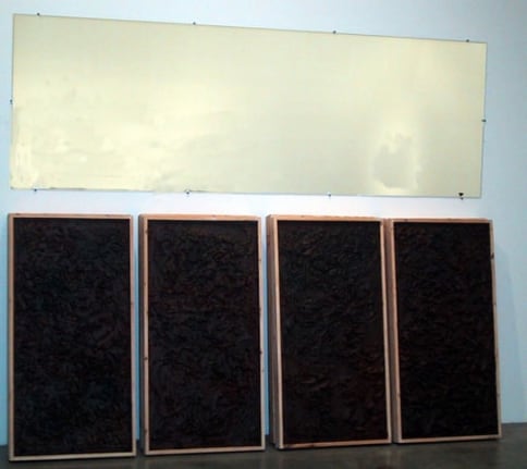 Untitled (long mirror with browns), 1990. Mirror, wood, celluclay/plaster,