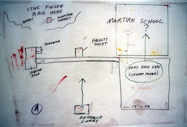 Repressed Spatial Relationships Rendered as Fluid, No. 1: Martian School (Work Site), 2002. Mixed media on butcher paper mounted on rag paper, 35 x 50 1/2 inches. MP 02-13A