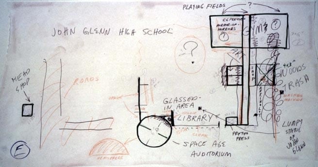 Repressed Spatial Relationships Rendered as Fluid, No. 5: John Glenn High School with White Panther Satellite, 2002. Mixed media on butcher paper mounted on rag paper, 33 3/4 x 62 inches. MP 02-17A