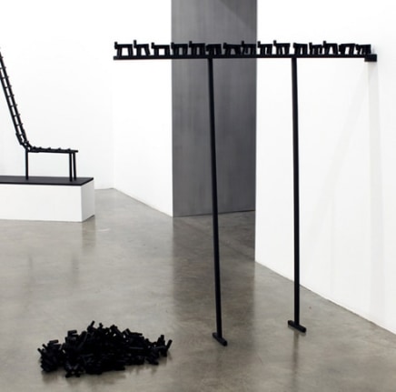 Animals (They Run Behind Each Other And Fall Down), 2009. Wood, hardware, hot glue, acrylic paint, 59 x 54-1/2 x 6 inches (main structure) (149.9 x 135.9 x 15.2 cm); 24 x 17 inches (pile of animals) (61 x 43.2 cm). MP 47