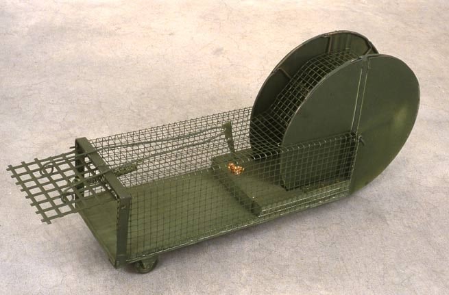 Fox of Dog Trap, 1998. Metal, bait, (trap) 18-1/2 x 14-1/4 x 14-1/4 inches. MP 7