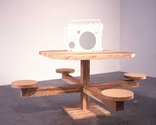 That&#039;s Just the Way That I Talk Yo, 2004. Wood, fiberglass musical track, 36 1/4 x 72 x 72 inches; boom box: 16 1/4 x 19 x 6 inches. MP 129