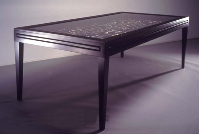 Endless Morphing Flow of Common Decorative Motifs, (Jewelry Case), 2002. Wood, glass, black lacquer, glue, string, buttons, jewelry, 98 x 34 x 50 inches. MP 02-3