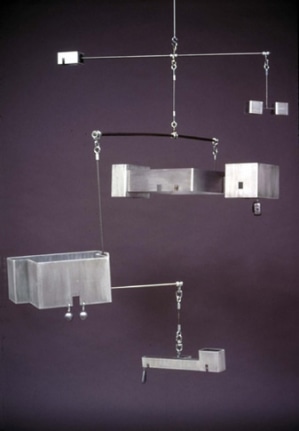 Repressed Spatial Relationships Rendered as Fluid, No. 6: St. Mary's Church and School (Cry Room in the Sky), 2002. Aluminum, steel, miniature Virgin Mary, plexi-glass. MP 02-18