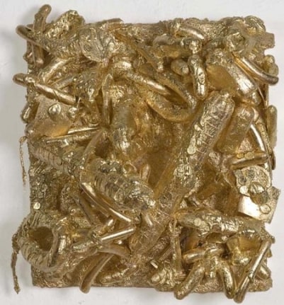 John Miller, The Expanded Field, 2006. Plastic fruit, styrofoam, paper mache, plaster with gold leaf on wood panel, 24 x 22 x 16 inches (60.9 x 55.8 x 40.6 cm). MP 714