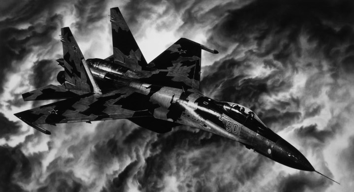 Untitled (Russian Jet), 2018. Charcoal on mounted paper, 65 1/16 x 120 inches (165.3 x 304.8 cm).