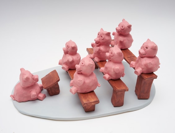 Pig School, 2017, 12 ceramic sculptures, 5.91 x 12.6 x 9.45 inches (15 x 32 x 24 cm)