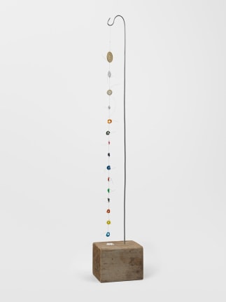 Untitled, 2017. Dried acrylic paint tops, buttons, metal, wood, wire,