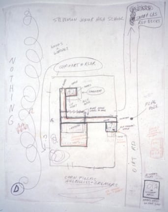 Repressed Spatial Relationships Rendered as Fluid, No. 4: Stevenson Junior High and Satellites, 2002. Mixed media on butcher paper mounted on rag paper, 62 3/4 x 48 inches. MP 02-16A
