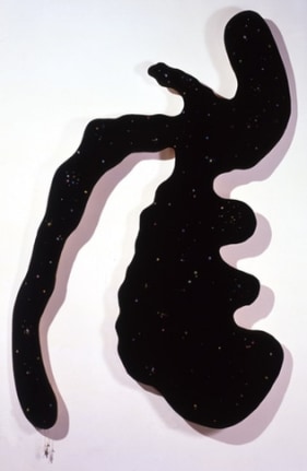 Free Gesture Frozen, Yet Refusing to Submit to Personification (Unfinished Yellow Fingerpainting, Reversed), 1989/2002. Acrylic on velvet mounted on shaped wood panel, jewelry, 90 x 62 x 6 inches. MP 02-11